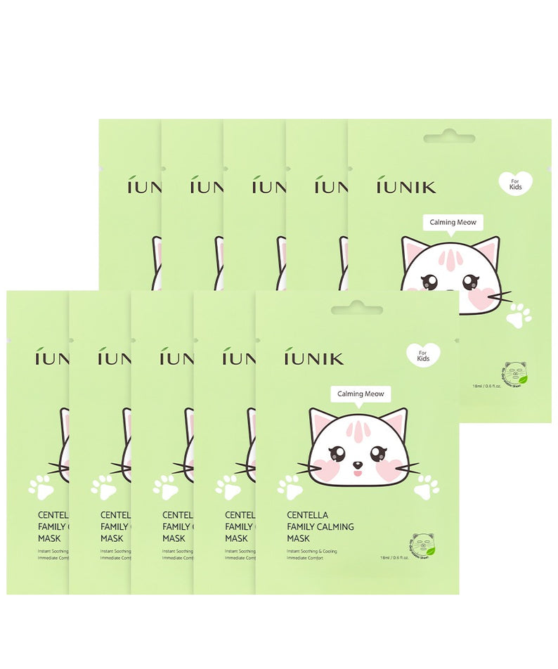 IUNIK Centella Family Calming Mask for Kids (10 sheets), masques apaisants IUNIK pour enfants, pack vert avec chats.