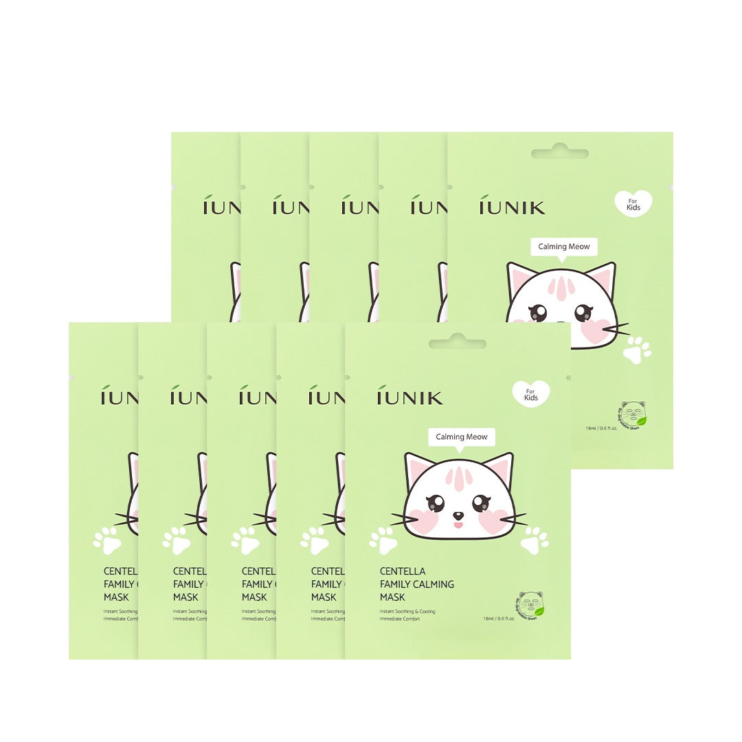 IUNIK Centella Family Calming Mask for Kids (10 sheets), masques apaisants IUNIK pour enfants, pack vert avec chats.