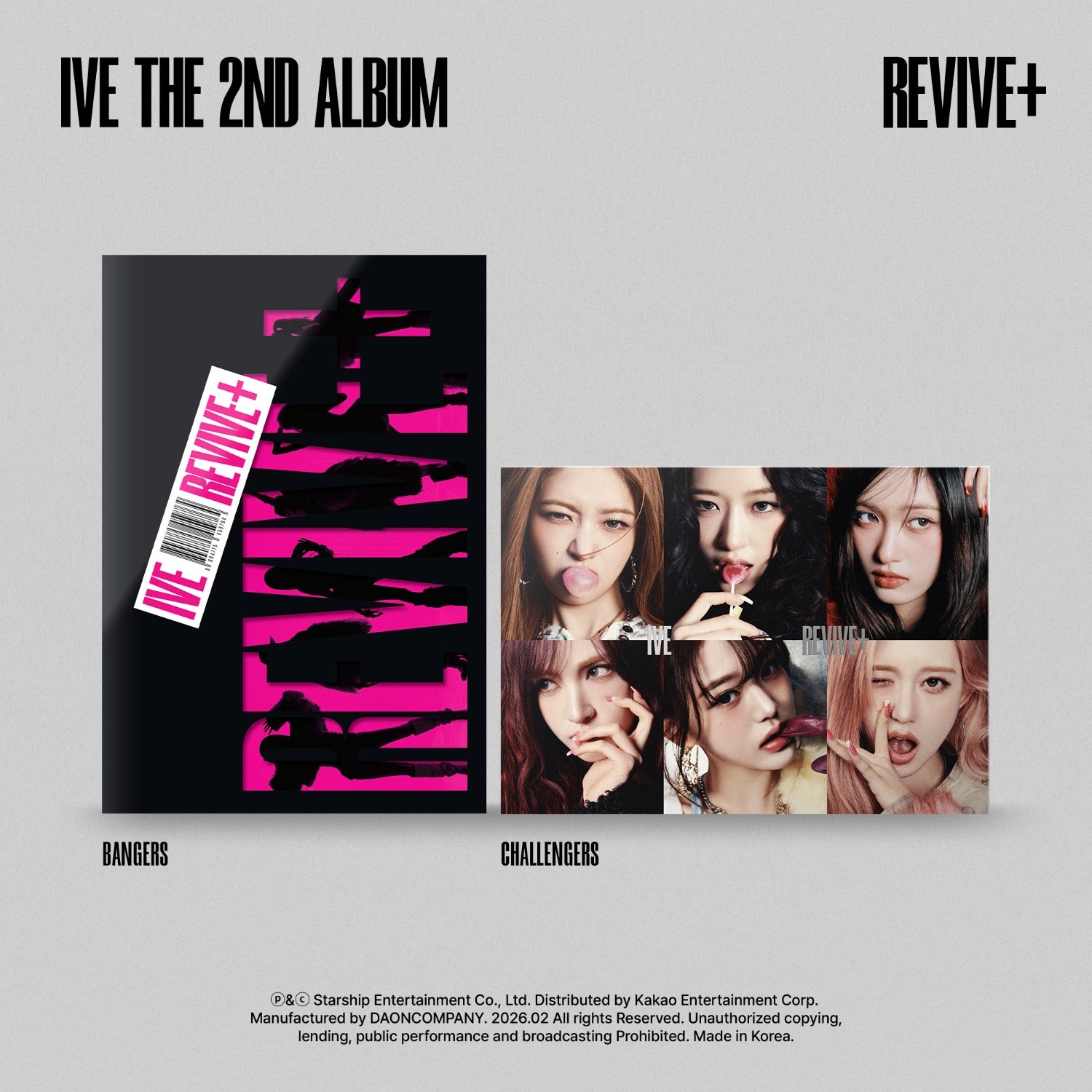 IVE - THE 2ND ALBUM [REVIVE+] (BANGERS ver. / CHALLENGERS ver.) (Random 1 of 2) - Album Kpop, visuel covers IVE, étude graphique noir & rose.