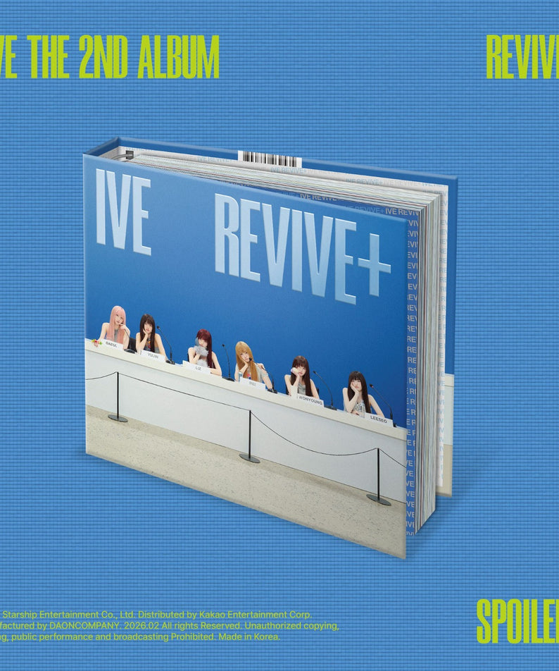 IVE - THE 2ND ALBUM [REVIVE+] (SPOILERS ver.) - Album Kpop, visuel couverture bleue avec photos IVE sur fond texturé