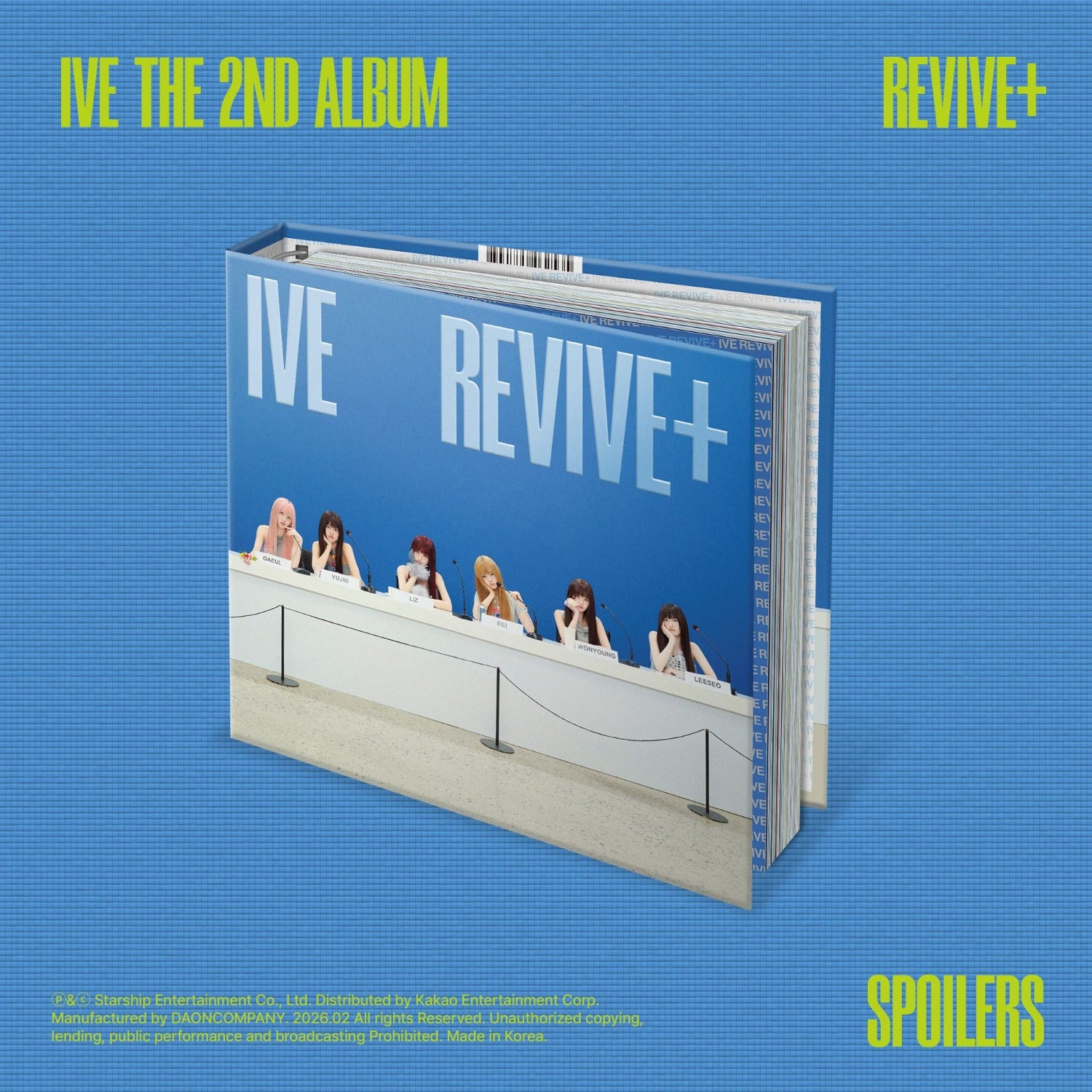 IVE - THE 2ND ALBUM [REVIVE+] (SPOILERS ver.) - Album Kpop, visuel couverture bleue avec photos IVE sur fond texturé