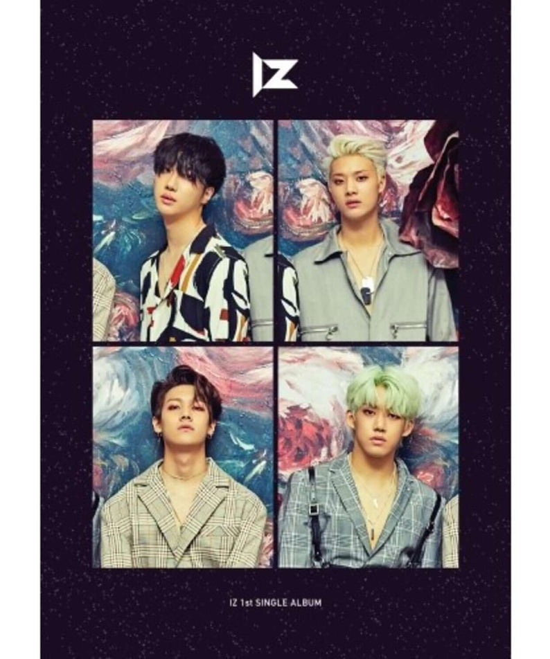 IZ - 1st Album [RE:IZ] - Album Kpop, pochette avec 4 membres IZ, fond art coloré, style K-pop.