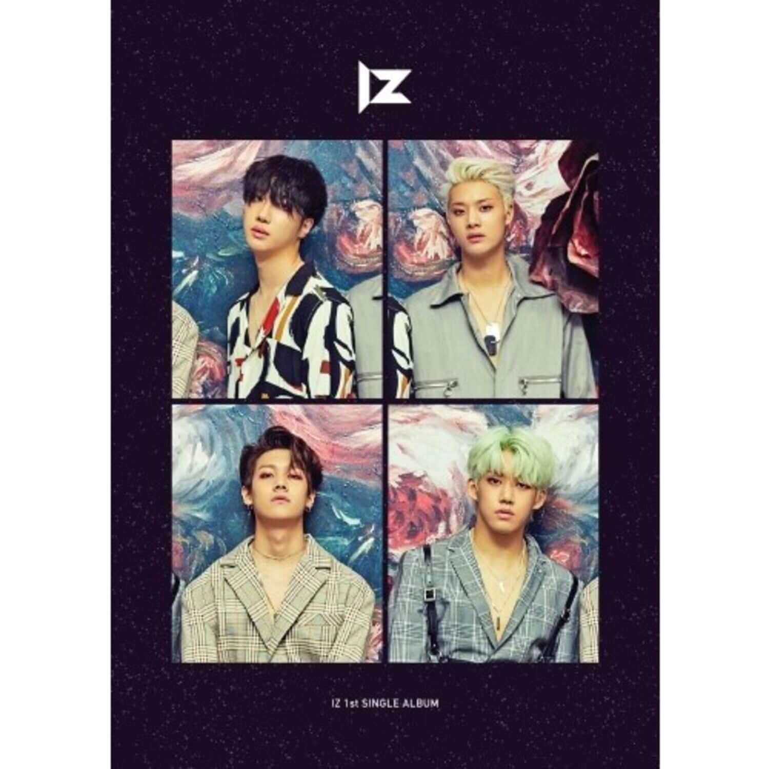 IZ - 1st Album [RE:IZ] - Album Kpop, pochette avec 4 membres IZ, fond art coloré, style K-pop.