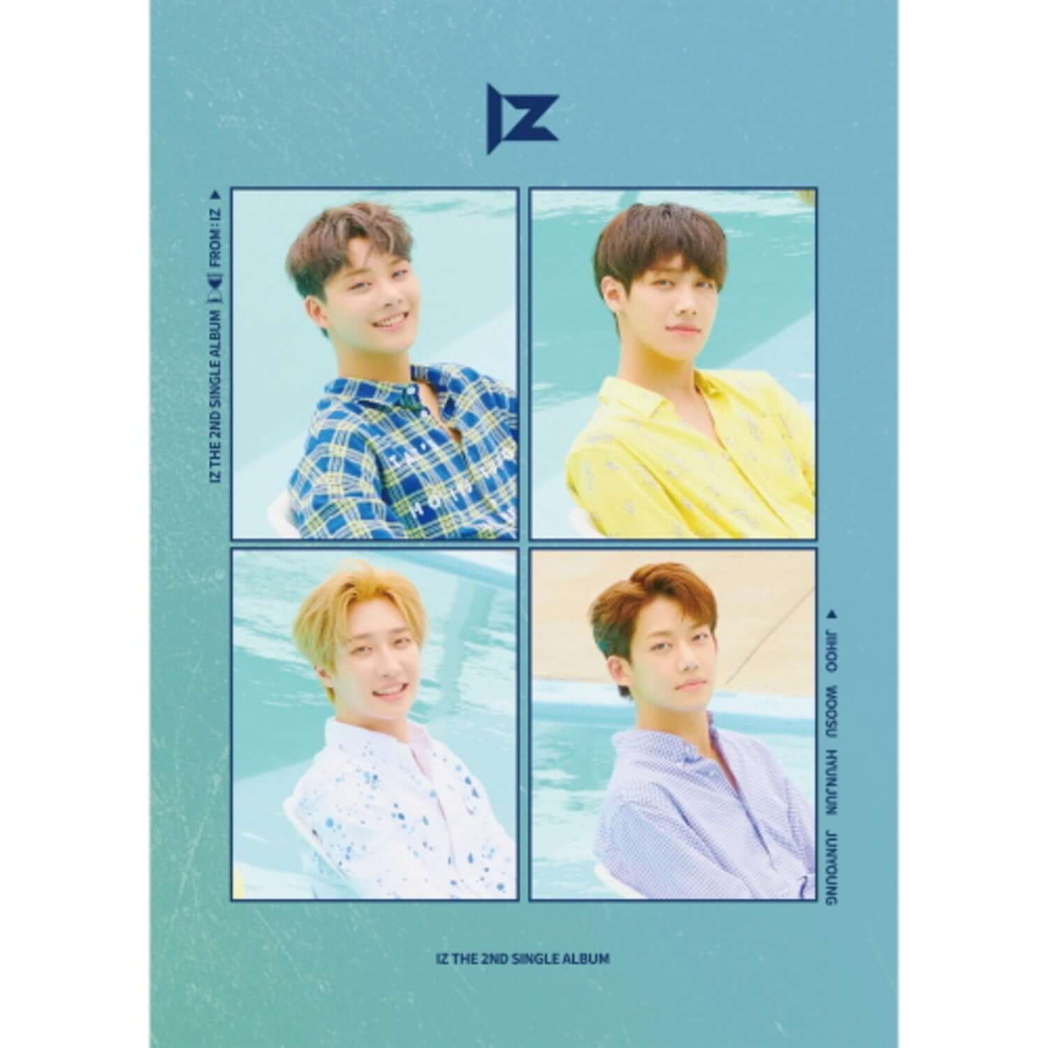 IZ - [FREOM:IZ] 2nd Album - Album Kpop, couverture bleue avec photos de membres d’IZ, style pop coréen marin.