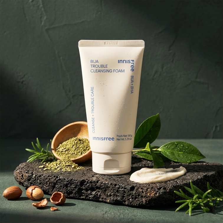 INNISFREE Bija Trouble Cleansing Foam 150g, marque Innisfree, tube sur fond vert avec graines et plantes