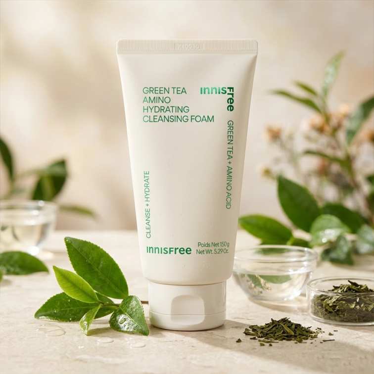 INNISFREE Green Tea Amino Hydrating Cleansing Foam 150g de la marque Innisfree, sur table avec feuilles de thé vert