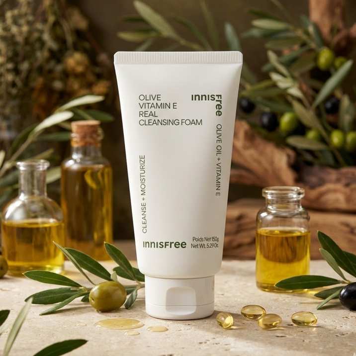 INNISFREE Olive Vitamin E Real Cleansing Foam 150ml, tube sur fond bois avec feuilles et huile d’olive.