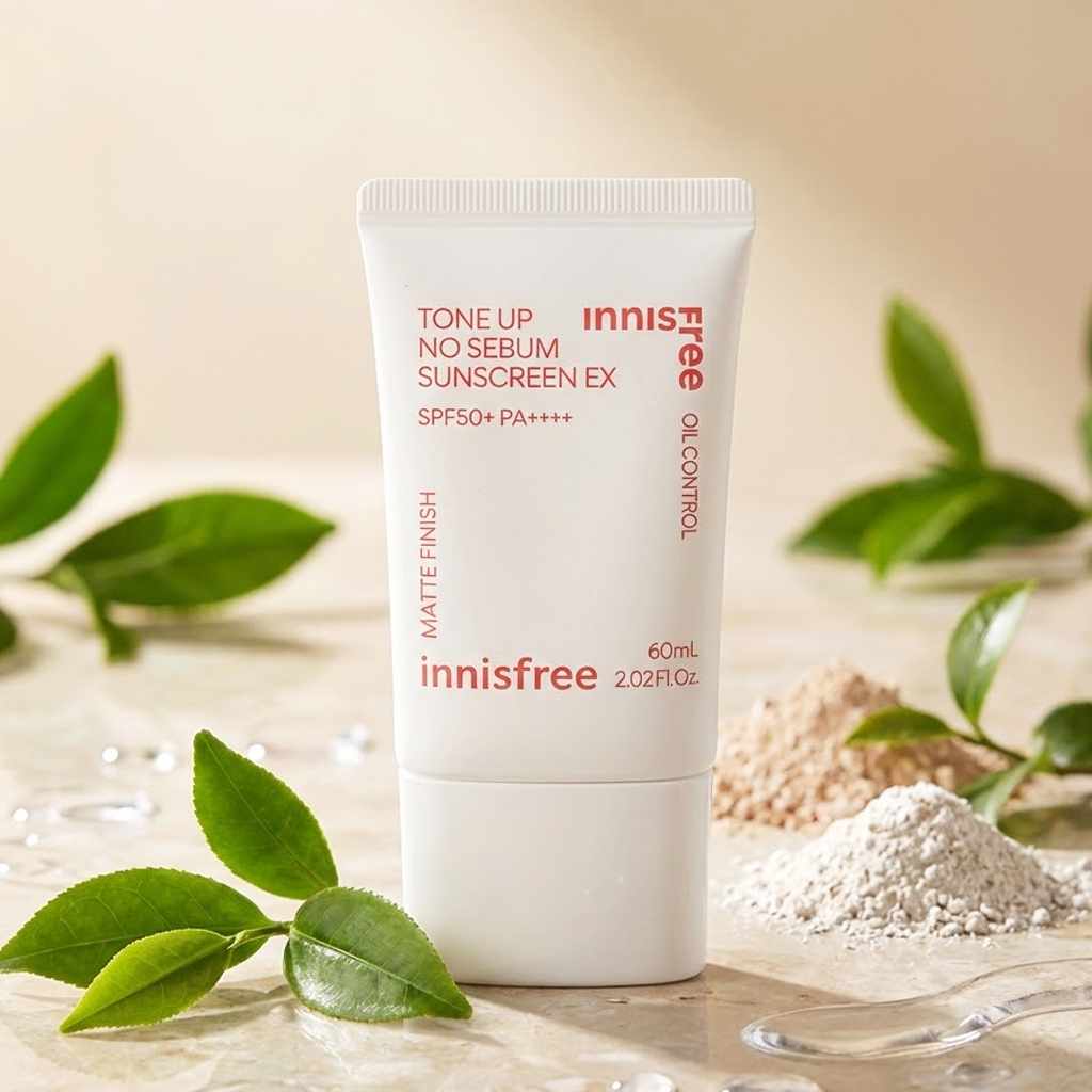 INNISFREE Tone Up No Sebum Sunscreen EX SPF 50+ PA++++ 60ml, tube blanc sur fond zen avec feuilles et poudre.