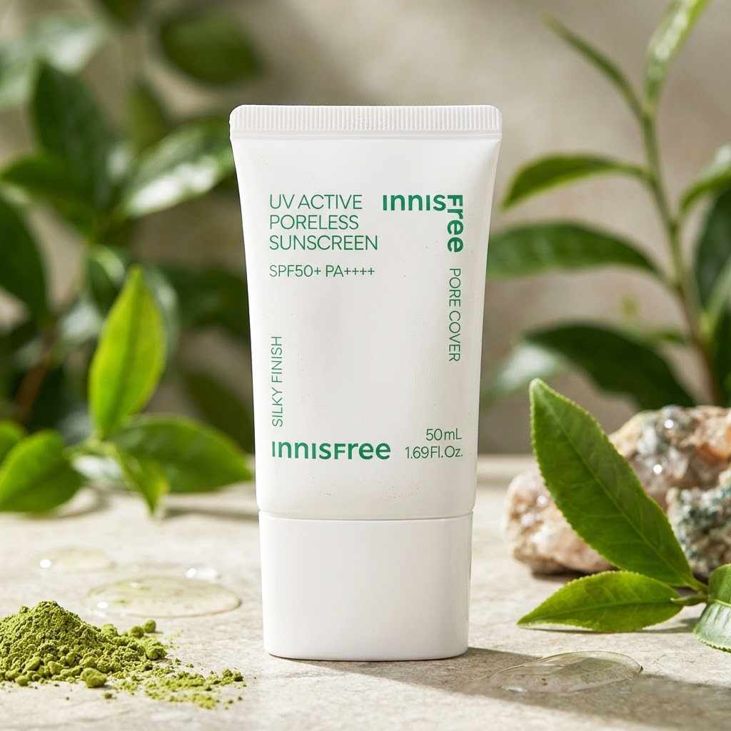 INNISFREE UV Active Poreless Sunscreen 50ml, crème solaire Innisfree sur fond nature avec feuilles vertes, pot 50ml