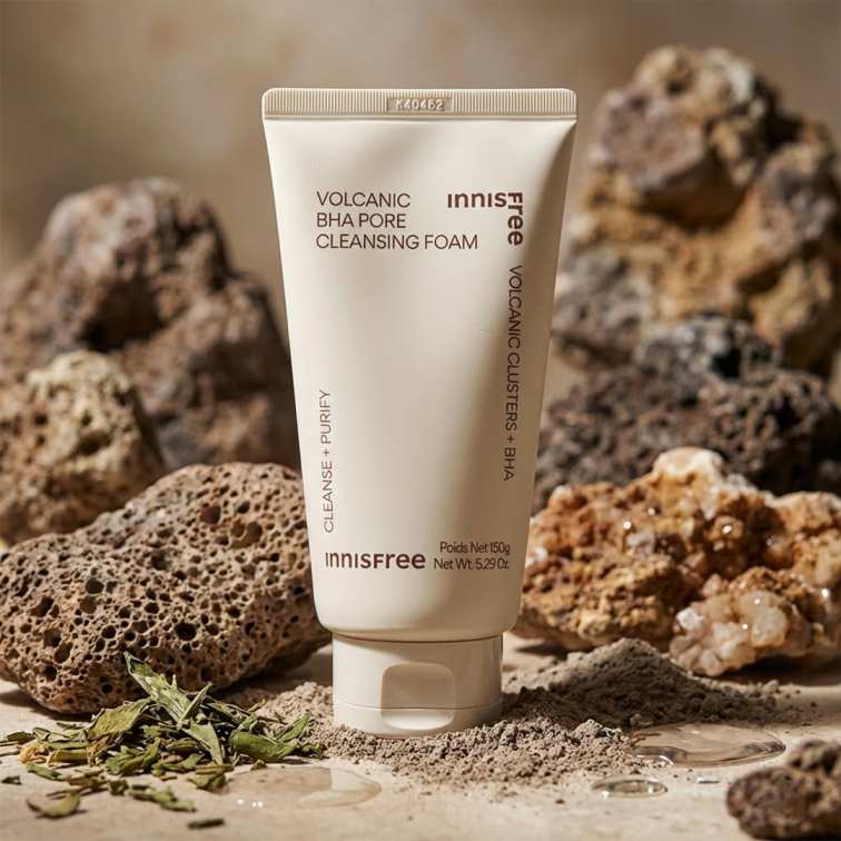INNISFREE Volcanic BHA Pore Cleansing Foam en tube blanc sur roche volcanique et cendres, décor beauté.