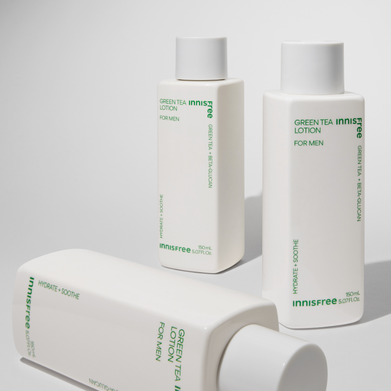 INNISFREE Green Tea Lotion For Men 150ml : flacons crème verts sur fond clair, marque Innisfree en contexte visuel.