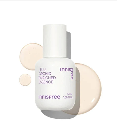 INNISFREE Jeju Orchid Enriched Essence 50ml : flacon blanc sur fond beige, extrait d’orchidée Jeju, effet anti-âge