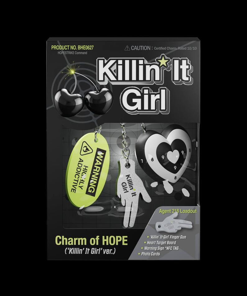 J-HOPE - [Charm of HOPE] (‘Killin’ It Girl' ver.) - Album Kpop, jaquettes noire/ballons cœurs et accessoires Hope.
