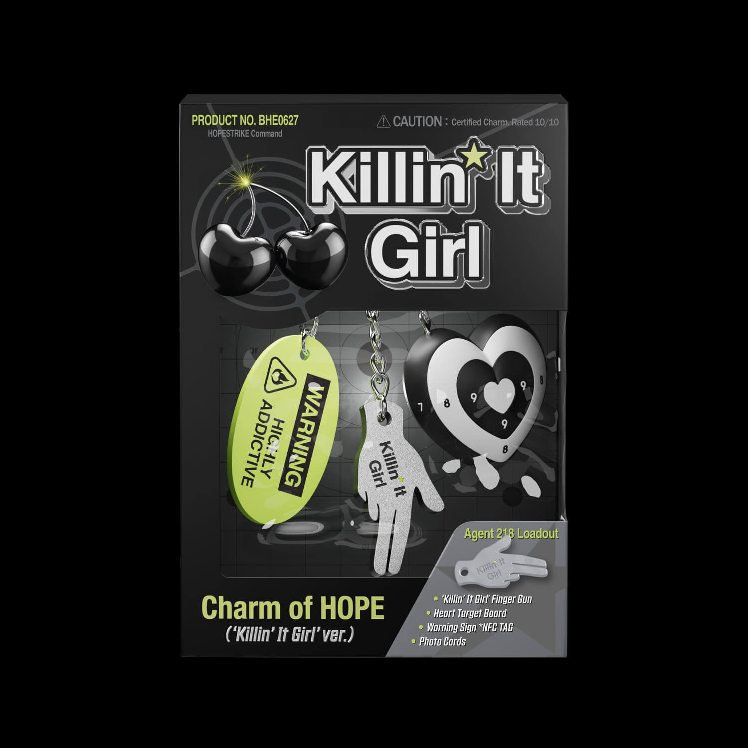 J-HOPE - [Charm of HOPE] (‘Killin’ It Girl' ver.) - Album Kpop, jaquettes noire/ballons cœurs et accessoires Hope.