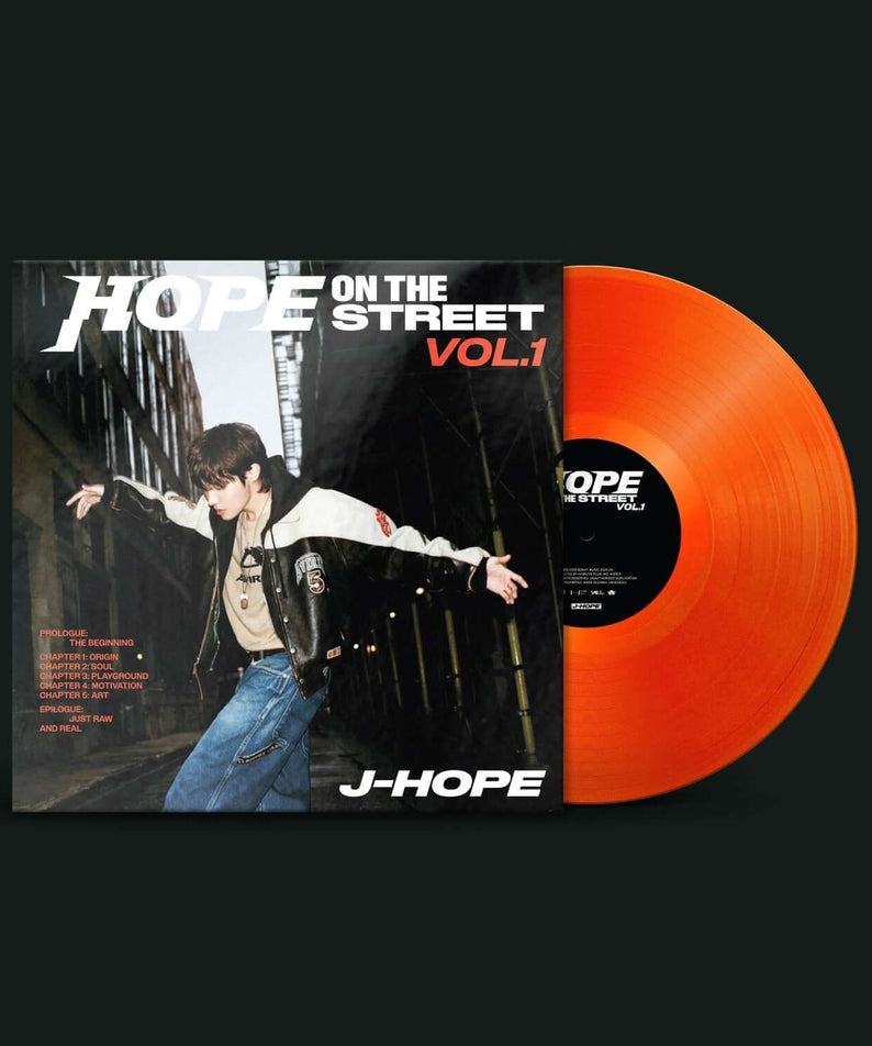 J-HOPE - [HOPE ON THE STREET VOL.1] (LP) - Album Kpop : vinyle orange et pochette, photo urbaine nocturne