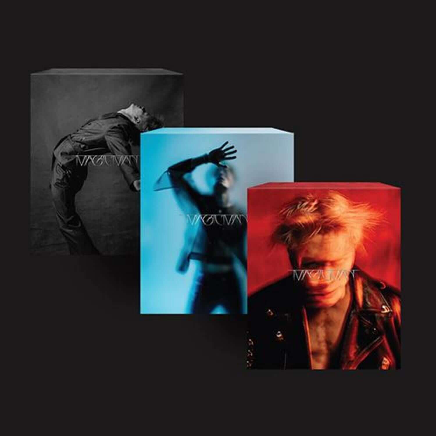 JACKSON WANG - [MAGIC MAN] (Set of 3) - Album Kpop : coffret avec visuels noir, bleu et rouge sur fond sombre.