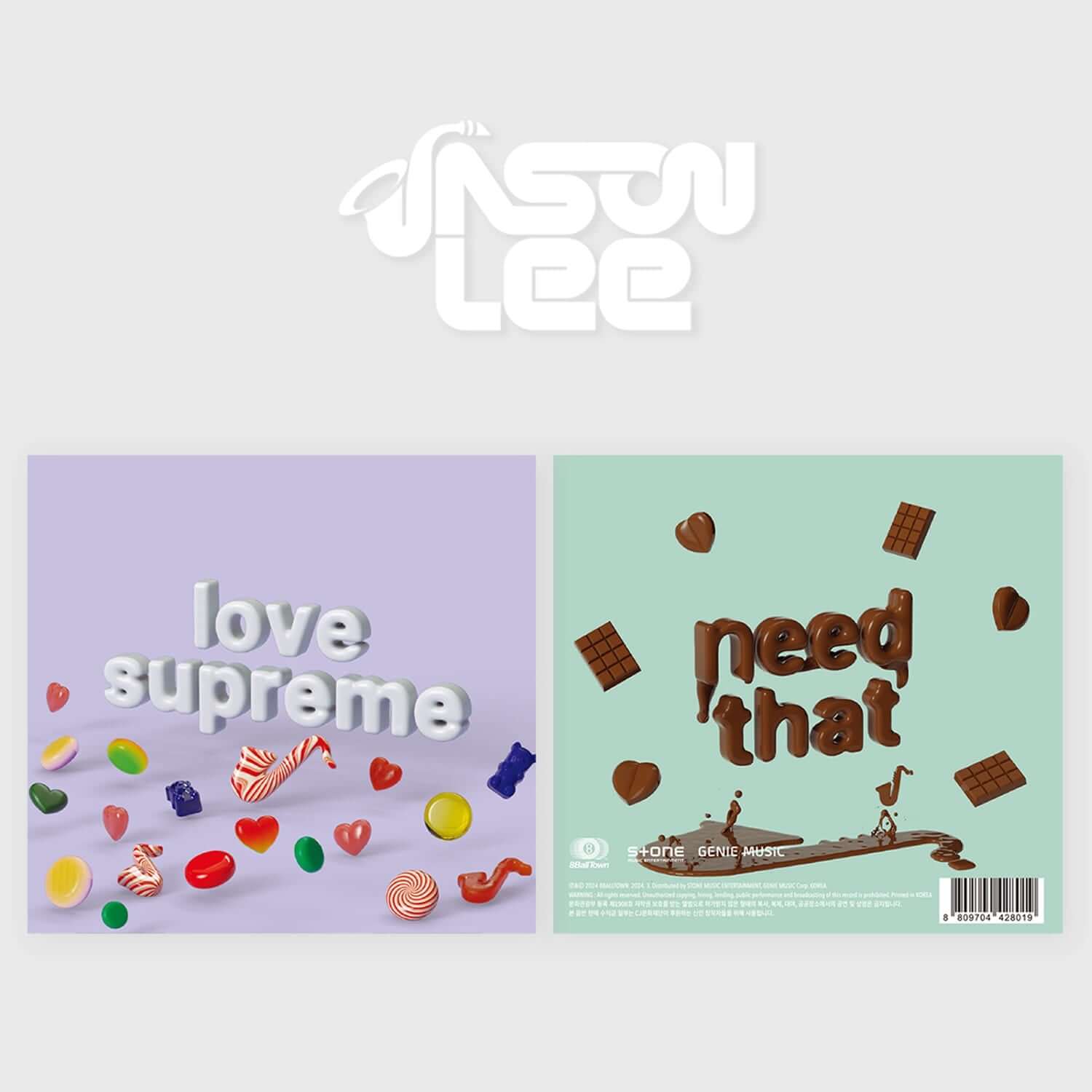 JASON LEE - [need that / love supreme] - Album Kpop : jaquettes “love supreme” et “need that” sur fond clair, marque JASON LEE