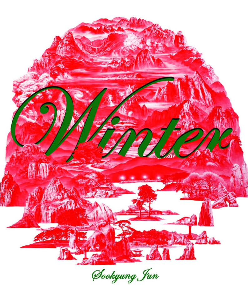 JEON SUKYUNG - WINTER - Album Kpop : couverture rouge hivernale, paysage enneigé, ambiance K-pop, marque JEON SUKYUNG