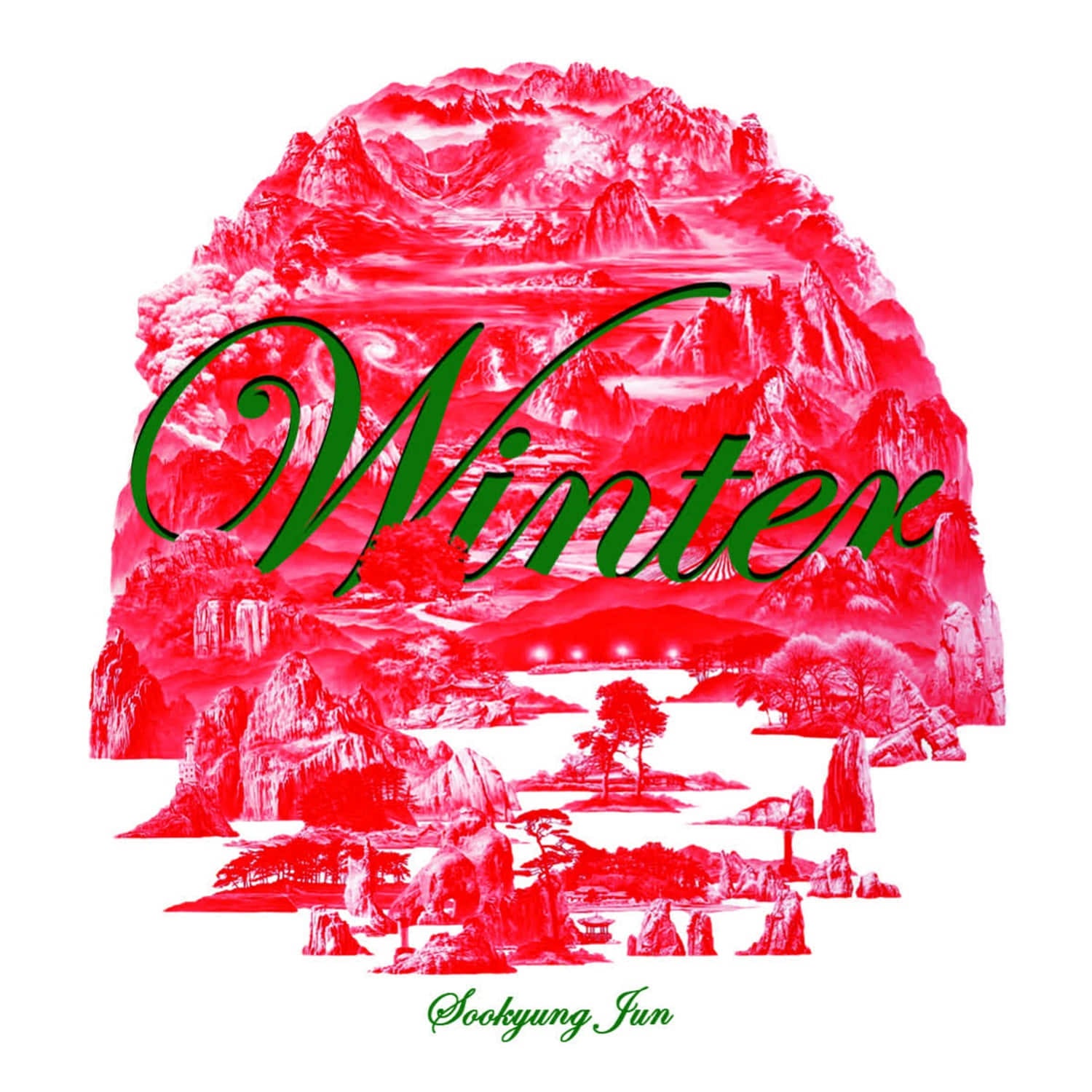 JEON SUKYUNG - WINTER - Album Kpop : couverture rouge hivernale, paysage enneigé, ambiance K-pop, marque JEON SUKYUNG