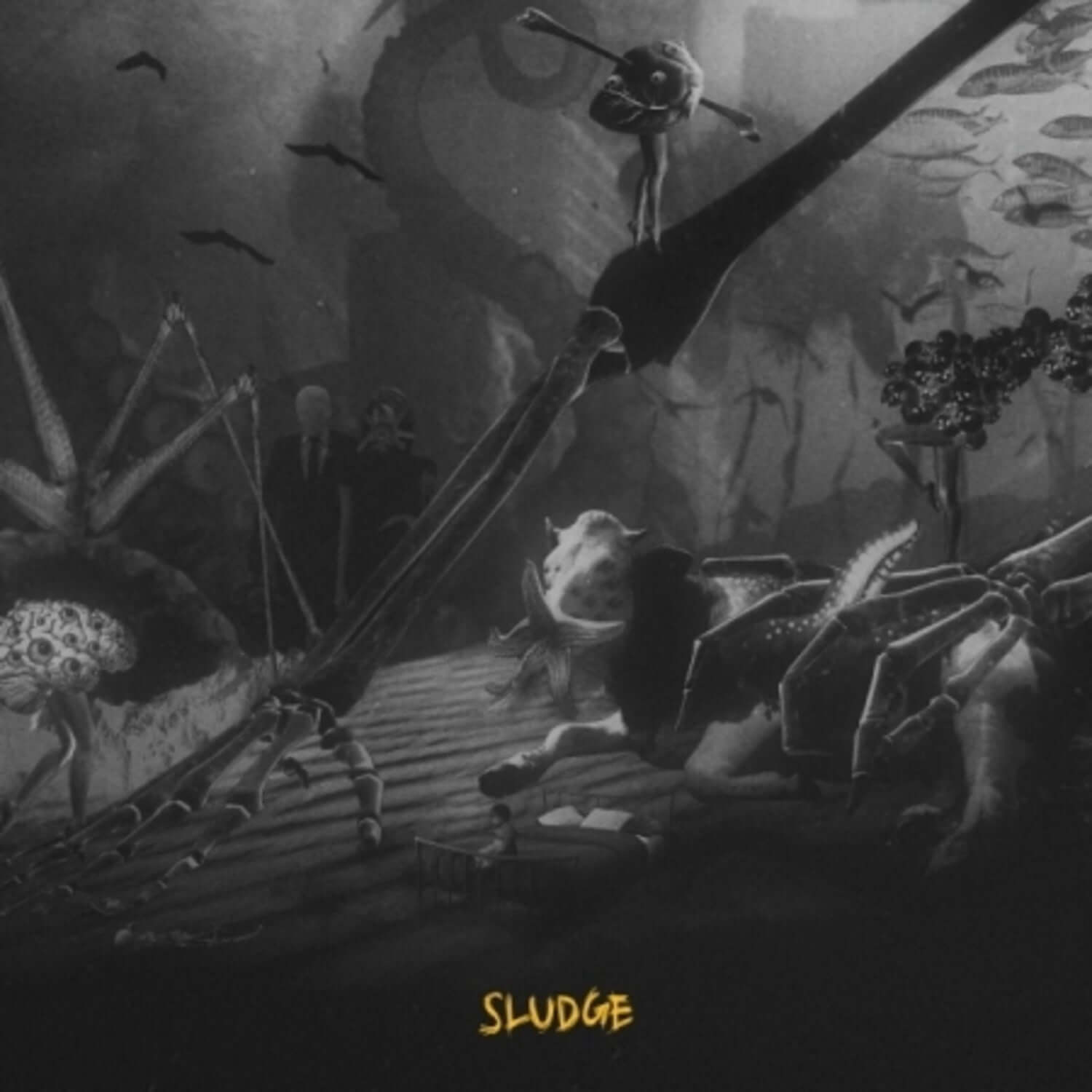 JERRY HWANG - [SLUDGE] - Album Kpop, visuel noir et blanc sombre avec scène et foule, style artistique de JERRY HWANG