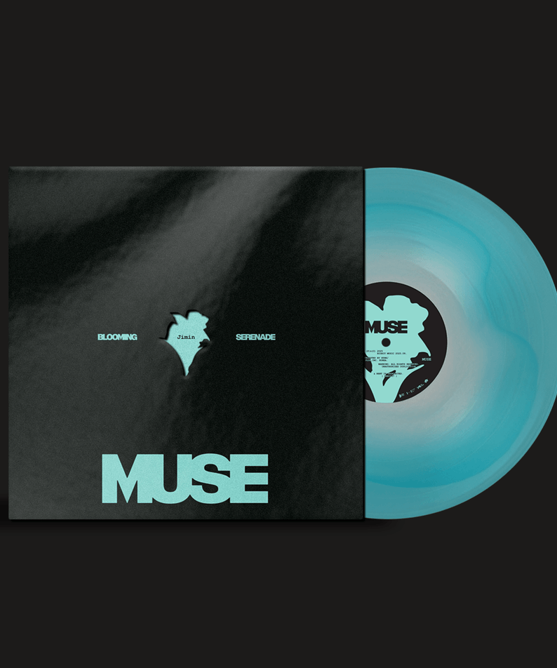 JIMIN - MUSE (LP) - Album Kpop, vinyle bleu de JIMIN sur fond sombre, visuel affiche/cover du disque.