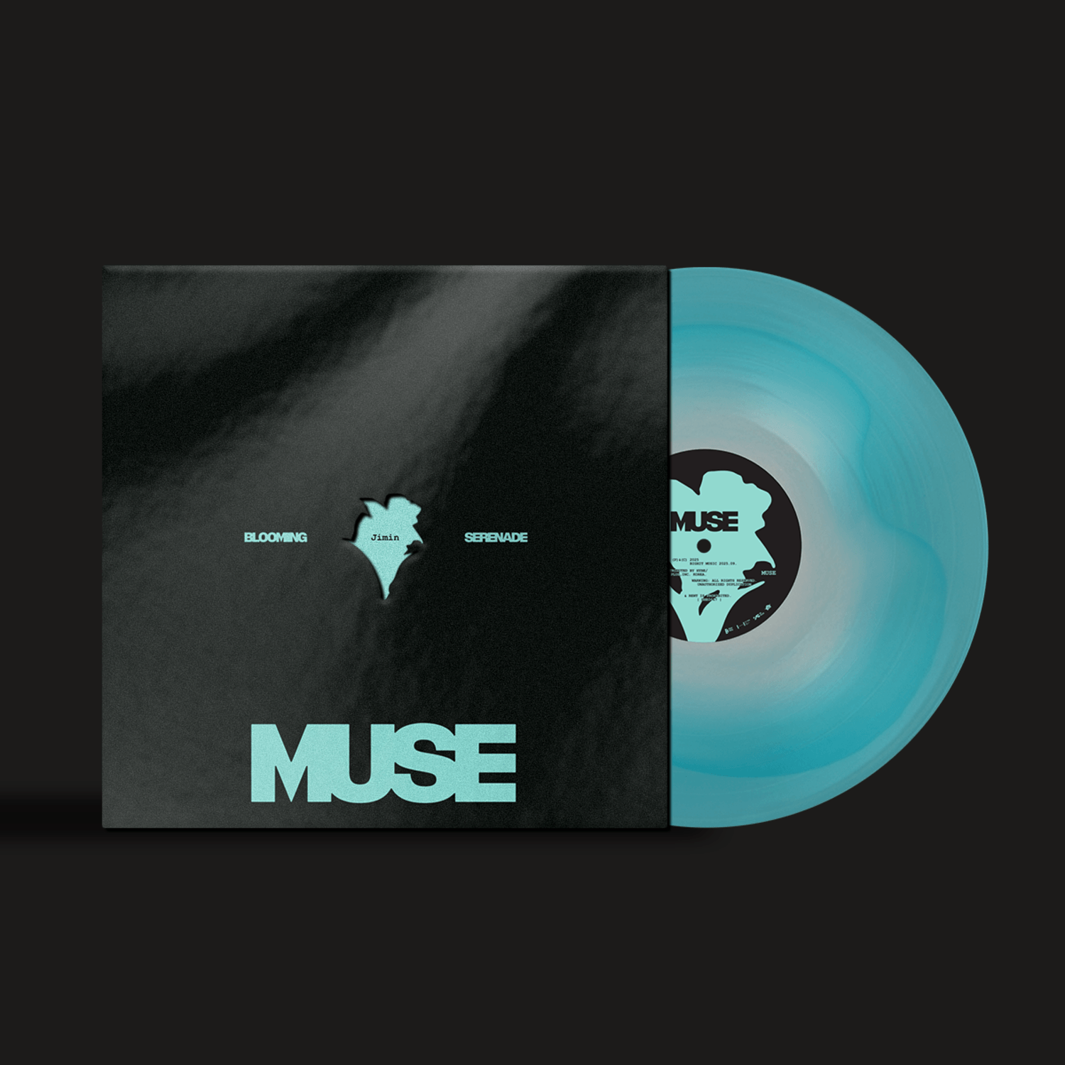 JIMIN - MUSE (LP) - Album Kpop, vinyle bleu de JIMIN sur fond sombre, visuel affiche/cover du disque.