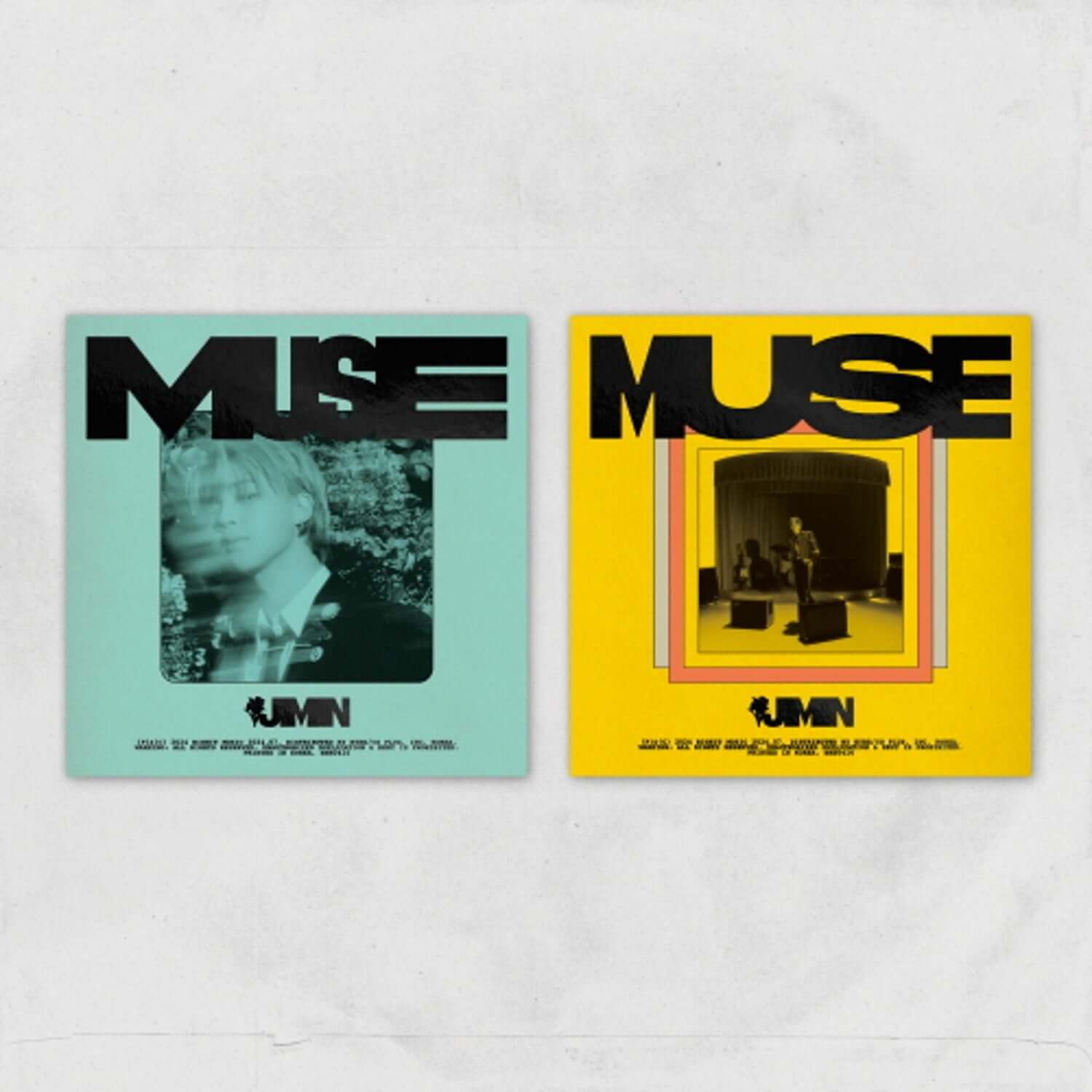 JIMIN - MUSE (Random) - Album Kpop, visuel double cover turquoise et jaune sur fond clair, style chapitre MUSE.