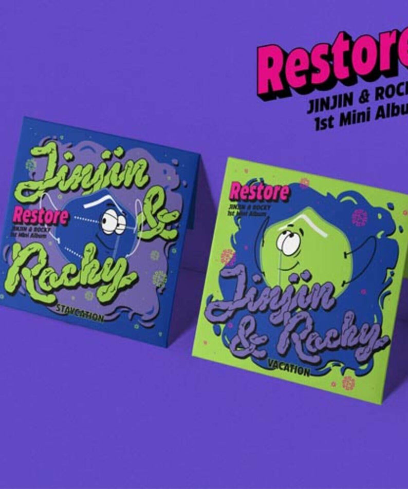 JIN (BTS) - 1st Album [Restore] - Album Kpop : visuel affiche « Restore » avec design cartoon sur fond violet