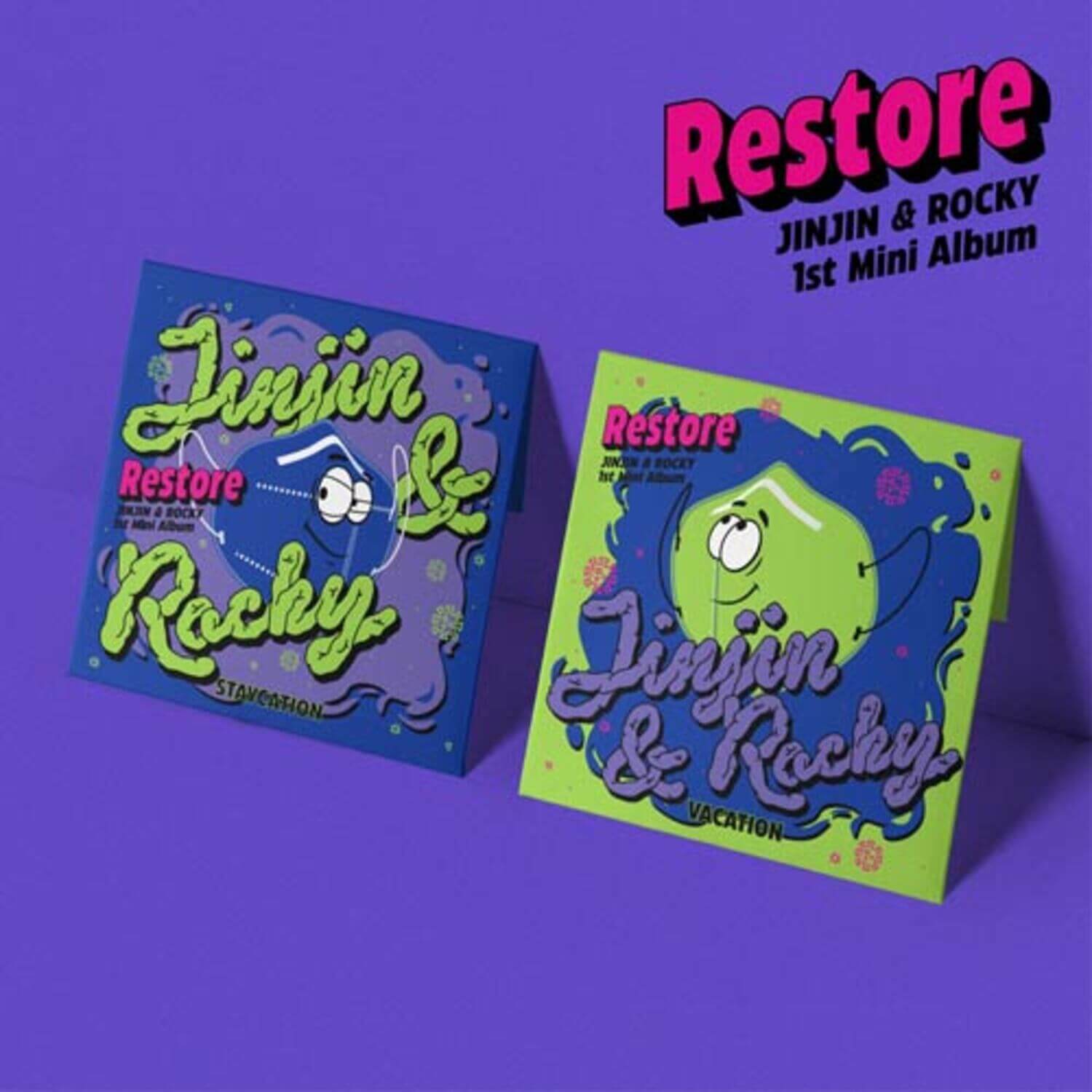 JIN (BTS) - 1st Album [Restore] - Album Kpop : visuel affiche « Restore » avec design cartoon sur fond violet