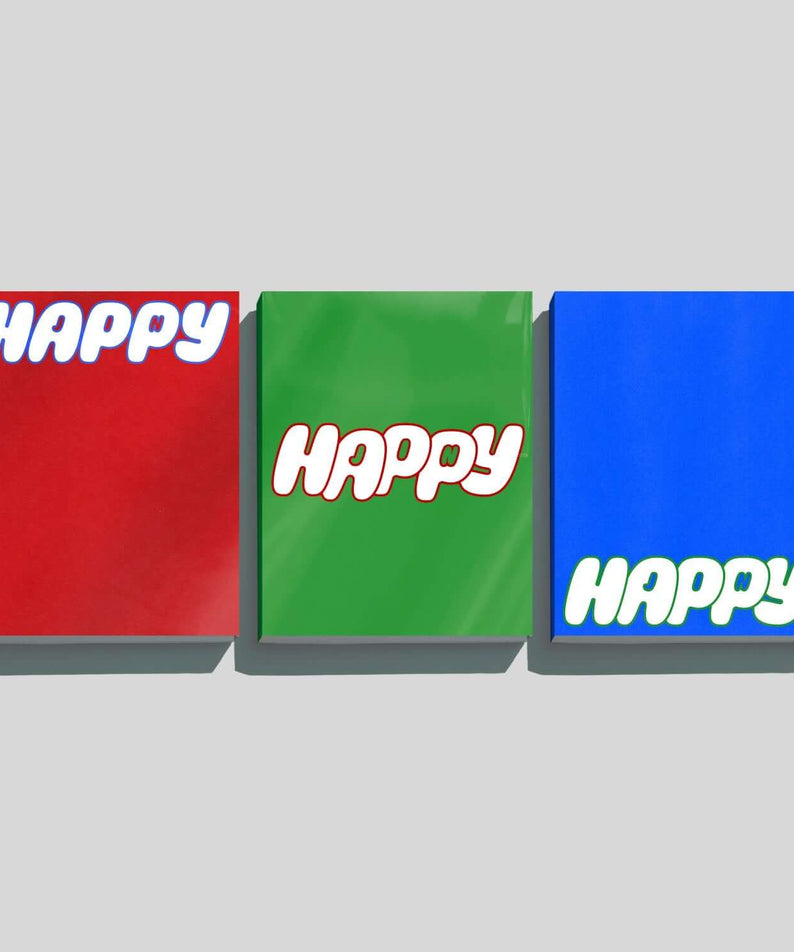 JIN (BTS) - [Happy] - Album Kpop : couvertures HAPPY rouge, verte et bleue, coffrets JIN (BTS) sur fond gris.