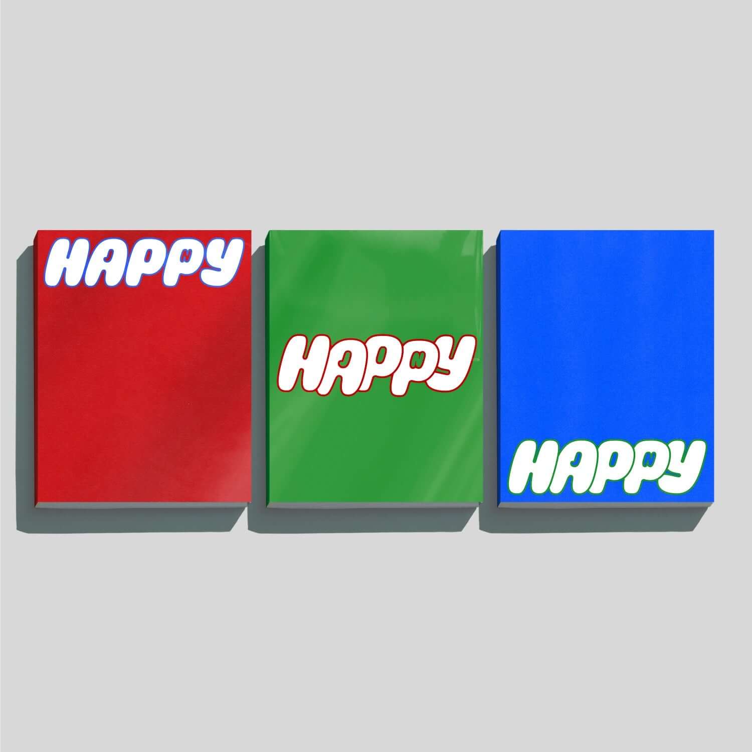 JIN (BTS) - [Happy] - Album Kpop : couvertures HAPPY rouge, verte et bleue, coffrets JIN (BTS) sur fond gris.
