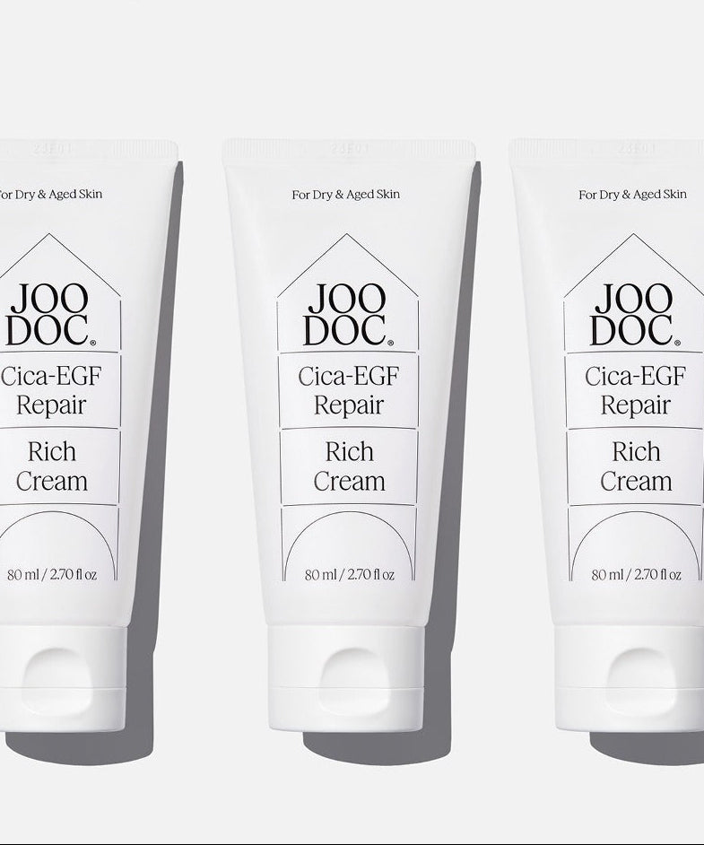 JOODOC  Barrier-Strengthening Cica Cream Set, trois tubes Cica-EGF Rich Cream sur fond clair, marque JOODOC en évidence.