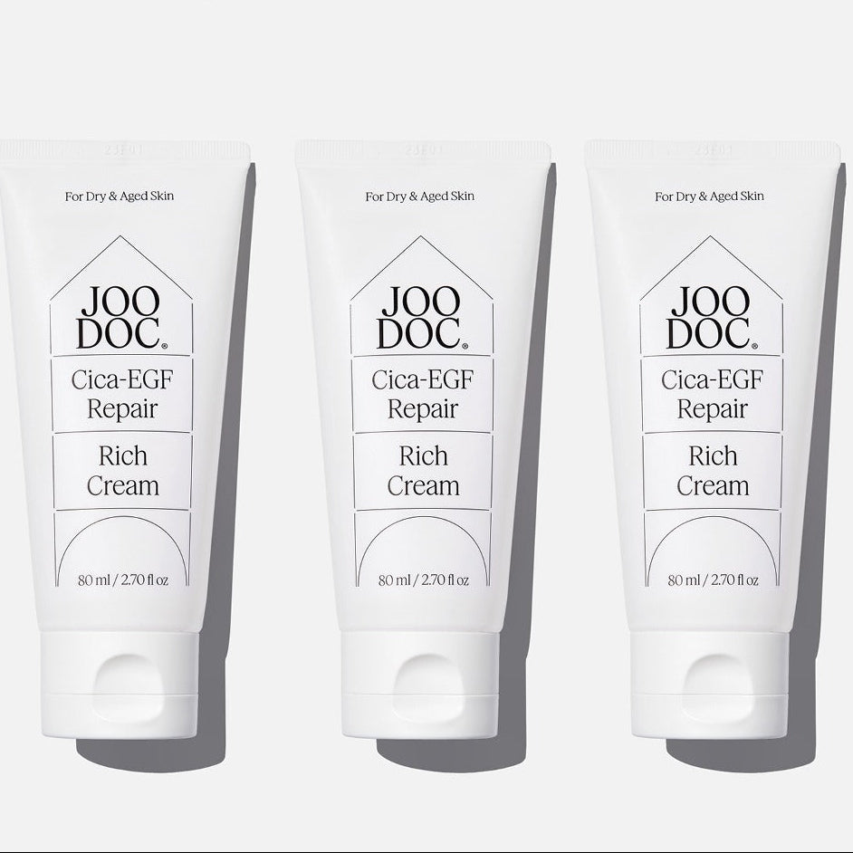JOODOC  Barrier-Strengthening Cica Cream Set, trois tubes Cica-EGF Rich Cream sur fond clair, marque JOODOC en évidence.
