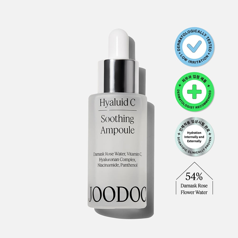 Décrivez l’image: JOODOC Hyaluid C Soothing Ampoule 30ml, sérum apaisant sur fond blanc, flacon verre argenté