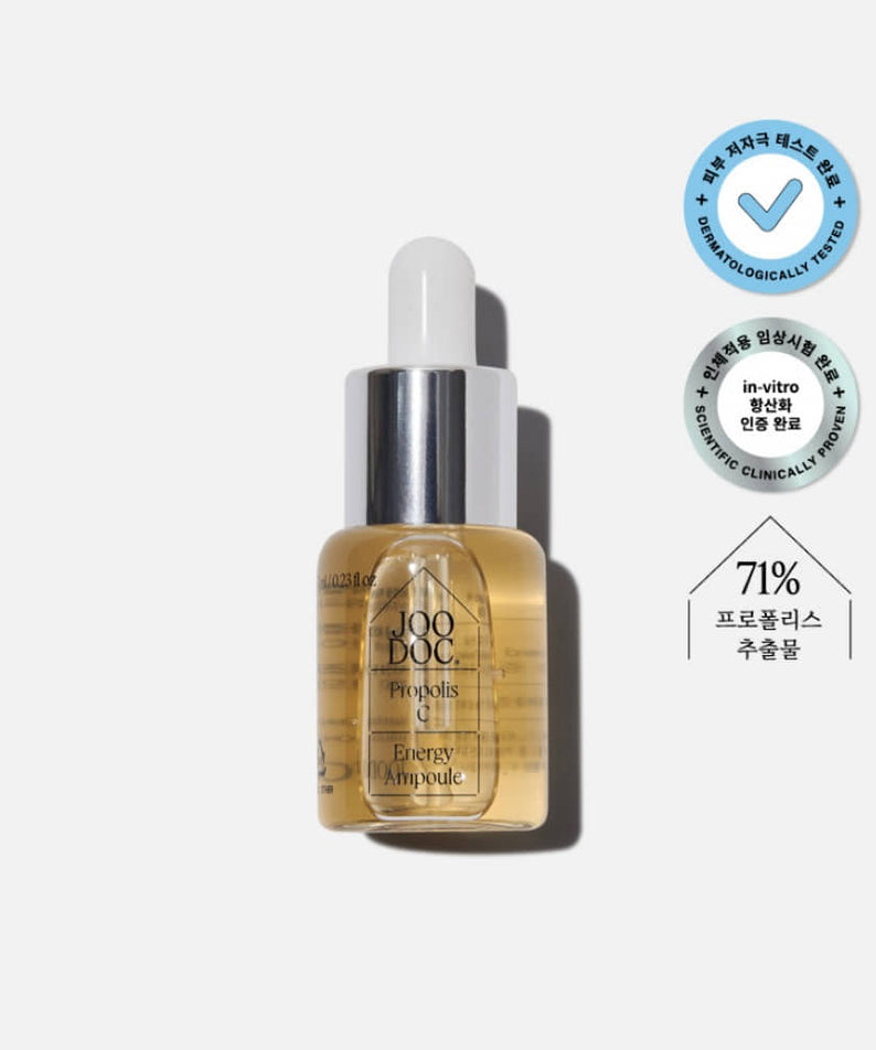 JOODOC  Propolis C Energy Ampoule 7ml : sérum ampoule sur fond blanc, flacons et pictogrammes bienfaits produit.