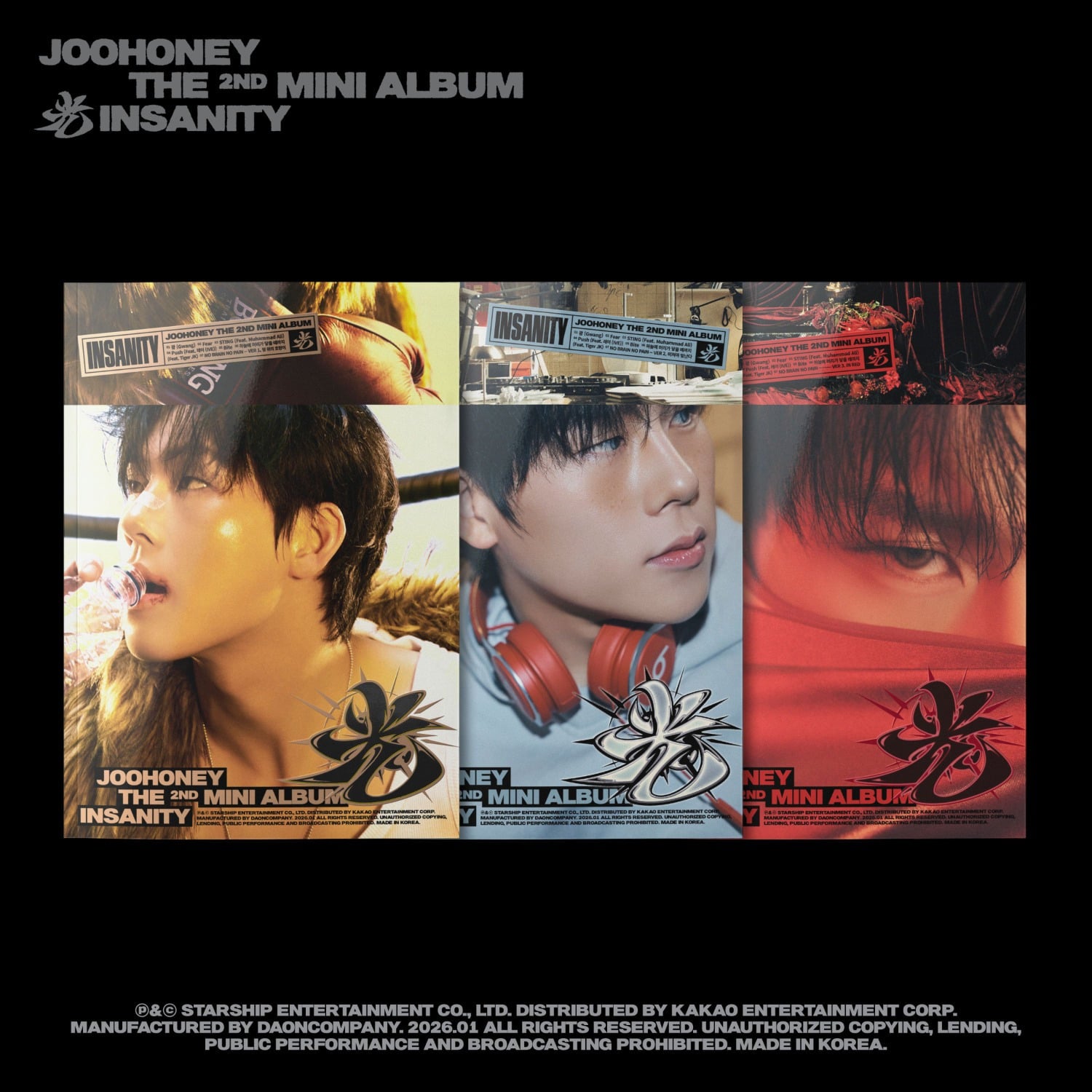 JOOHEON - THE 2ND MINI ALBUM 光 (INSANITY) ( VER. / VER. / IN RED VER. ) (Random 1 of 3) - Album Kpop, visuels.