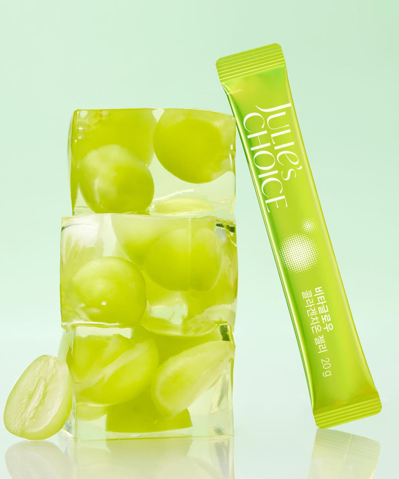Décris l'image en français en mentionnant le produit, la marque et le contexte visuel : JULIE'S CHOICE Vita Glow Collagenthione Jelly 14 Packets