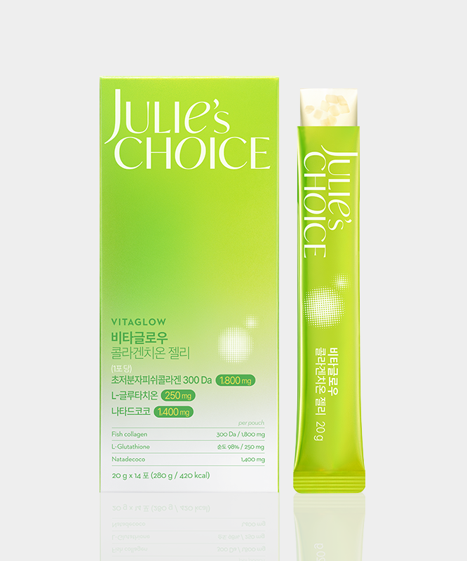 JULIE'S CHOICE Vita Glow Collagenthione Jelly 14 Packets, photo pack et sachet vert sur fond clair