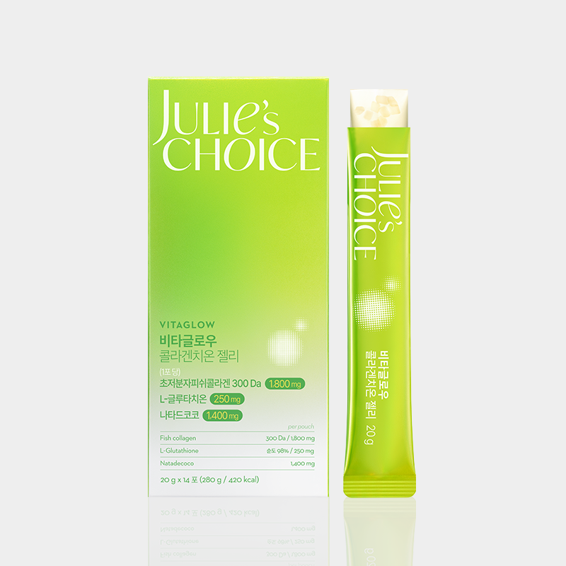 JULIE'S CHOICE Vita Glow Collagenthione Jelly 14 Packets, photo pack et sachet vert sur fond clair