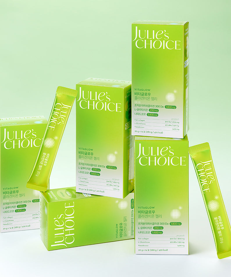 JULIE'S CHOICE Vita Glow Collagenthione Jelly 14 Packets : boîtes et sachets verts sur fond clair, produit de la marque.