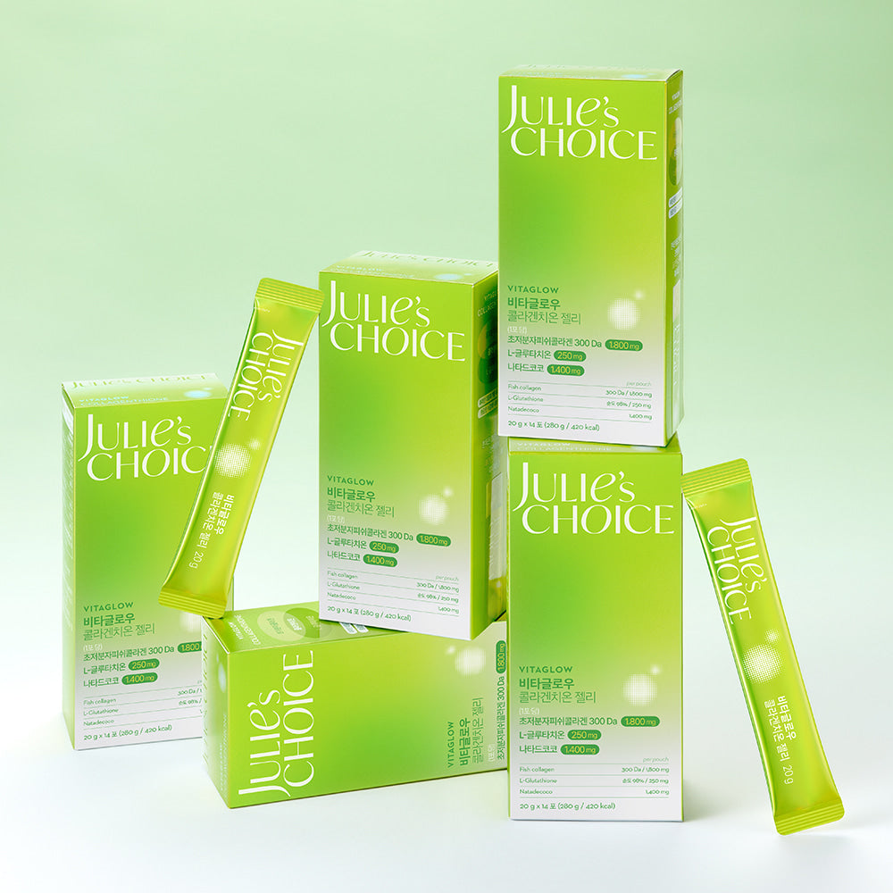 JULIE'S CHOICE Vita Glow Collagenthione Jelly 14 Packets : boîtes et sachets verts sur fond clair, produit de la marque.