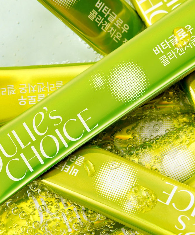 JULIE'S CHOICE Vita Glow Collagenthione Jelly 14 Packets, boîtes vertes sur fond jaune, gros plan produit