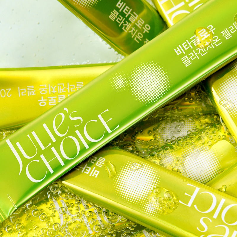 JULIE'S CHOICE Vita Glow Collagenthione Jelly 14 Packets, boîtes vertes sur fond jaune, gros plan produit