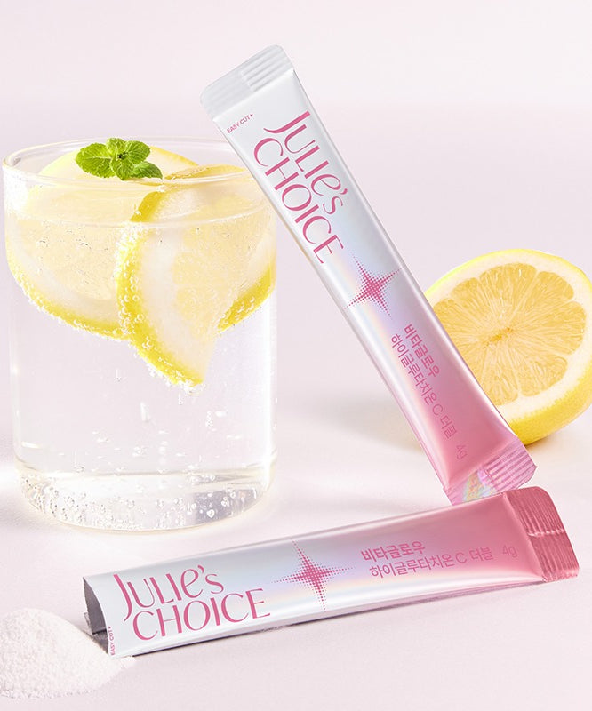 JULIE'S CHOICE Vita Glow High Glutathione C Double 23 Pieces : produit de la marque, avec citron, menthe et verre glacé.