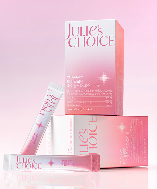 JULIE'S CHOICE Vita Glow High Glutathione C Double 23 Pieces, coffrets roses sur fond rose, marque Julie’s Choice