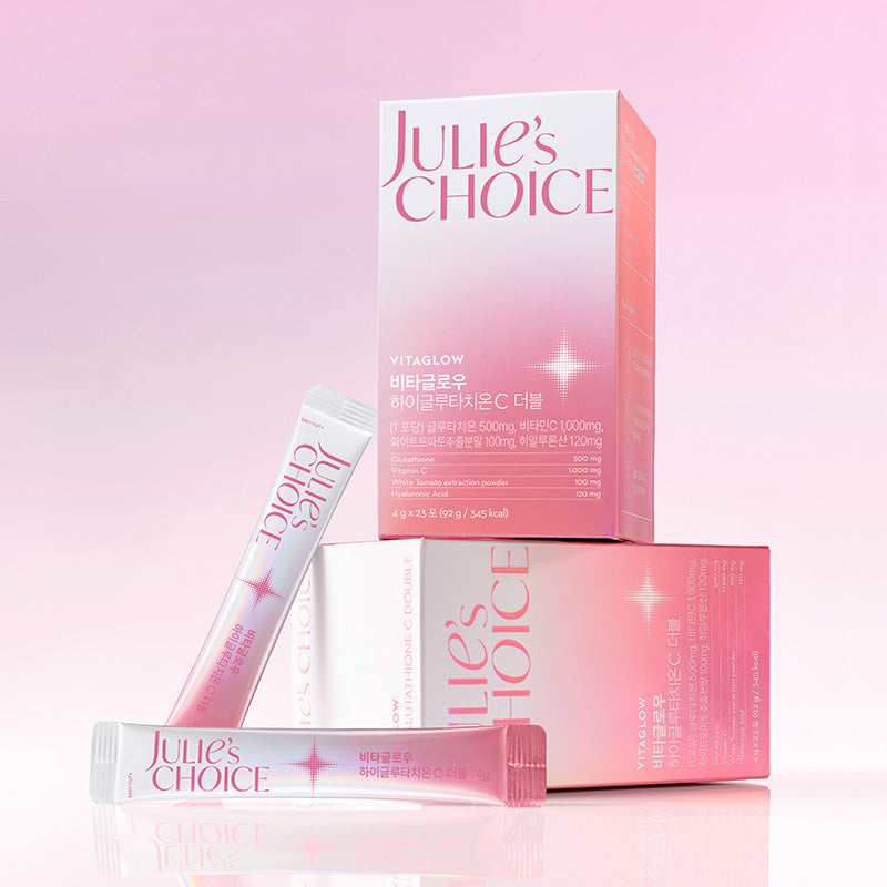 JULIE'S CHOICE Vita Glow High Glutathione C Double 23 Pieces, coffrets roses sur fond rose, marque Julie’s Choice