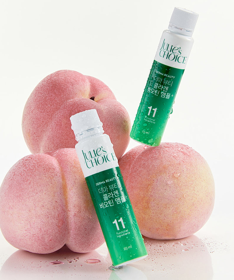 JULIE'S CHOICE Derma Beauty Collagen Biotin Ampoule 25ml sur fond de pêches.