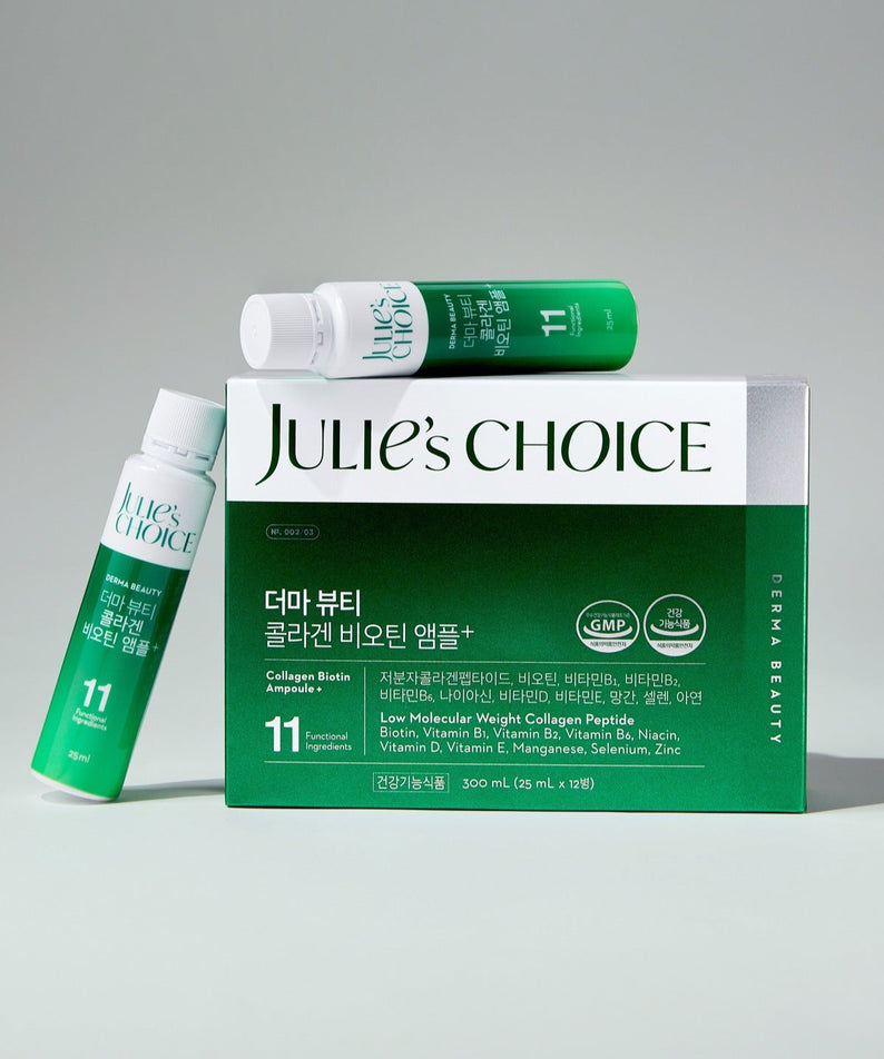Packshot de JULIE'S CHOICE Derma Beauty Collagen Biotin Ampoule 25ml, boîte et flacons sur fond gris.