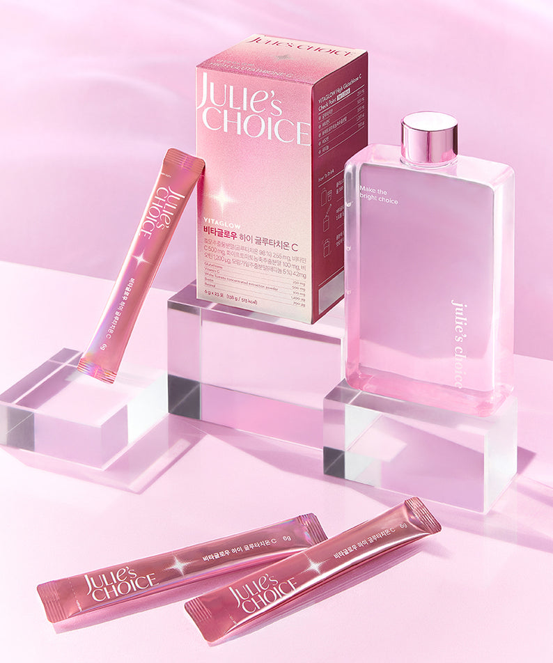 JULIE'S CHOICE Vita Glow High Glutathione C sur fond rose, produit de beauté raffiné pour une peau éclatante et radieuse.