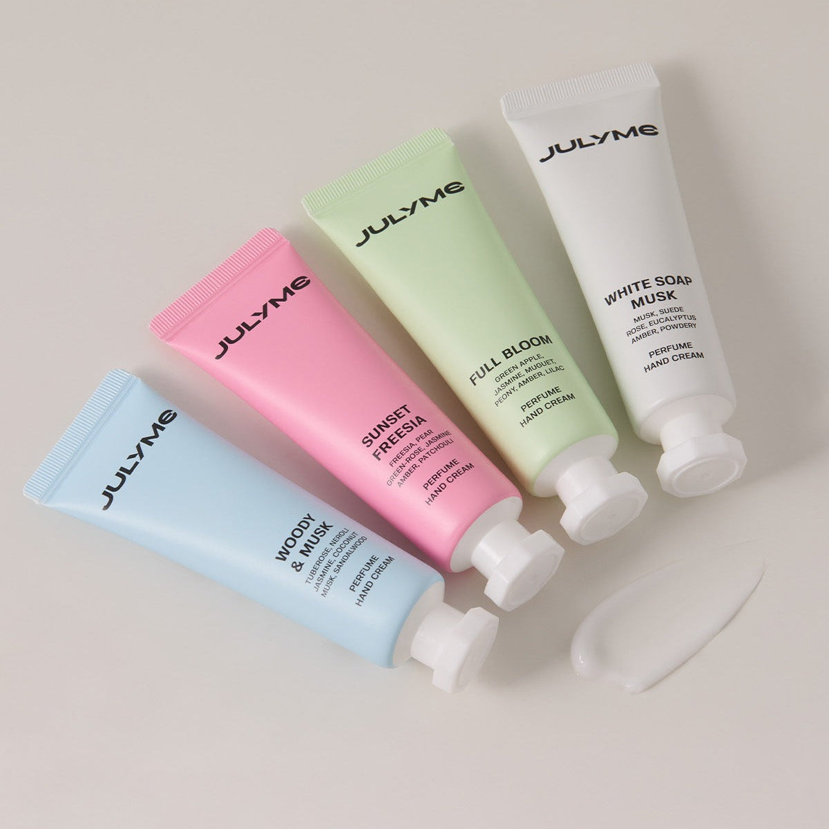 JULYME Perfume Shea Butter Hand Cream 30ml : tubes crème mains parfumée JULYME sur fond clair, assortiment de couleurs.